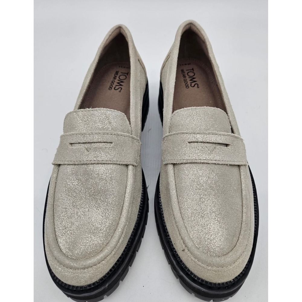 TOMS Darcy Lug Sole Loafers Metallic Champagne Suede Penny Slip On Shoes  size 9